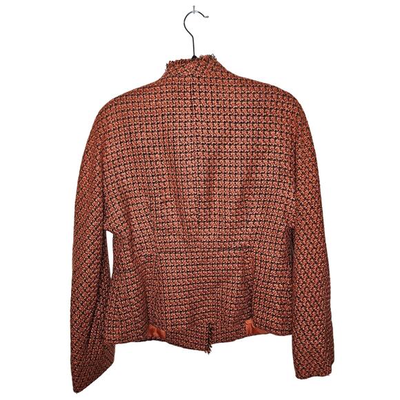 🦃 Kasper Petite Single Button Blazer Orange Black Tweed Woven Fringe Edge 12 P - Picture 2 of 11